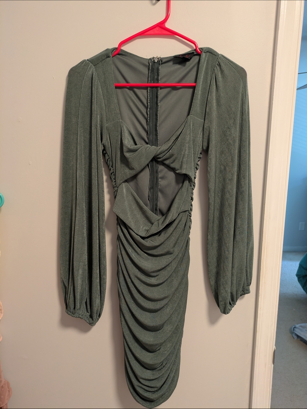 Fiestar Olive Green Ruched Long-Sleeve Cocktail Dress Size S Cut Out Bodycon